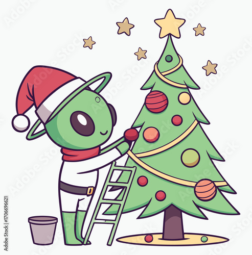Alien Celebrates Christmas Vector, UFO Holiday Party T-Shirt Design, Cute Space Alien Christmas Tree, Galaxy Christmas Cartoon Art, Extraterrestrial Holiday Fun