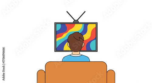 A cartoon man sits on a sofa watching an old colorful television set in his living room enjoying his leisure time relaxation and peace
