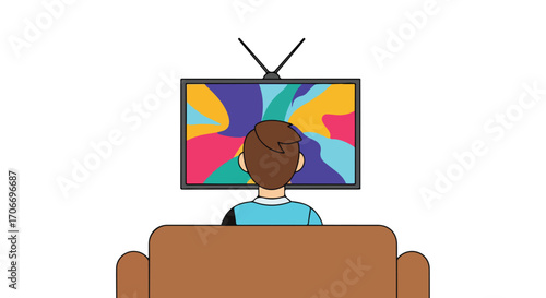 A person sits on a sofa watching an old television with an abstract colorful pattern displayed on its screen at home