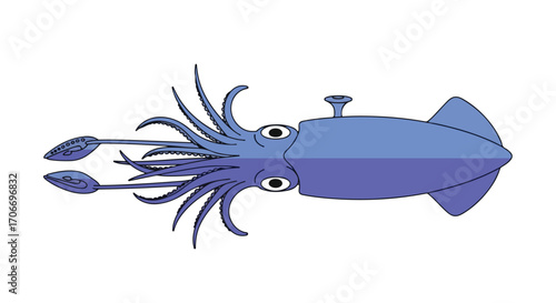 Cartoon style depiction of a whimsical blue squid with tentacles and large eyes swimming against a white backdrop