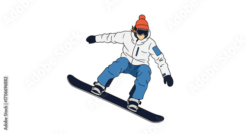 Stylized Snowboarder Illustration, Depicting Winter Sport Activity with Dynamic Movement on a White Background