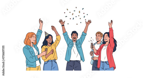 Celebration with Friends: Joyful Gathering with Confetti and Cheers in a Lighthearted Party Atmosphere