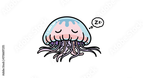 Whimsical Jellyfish Cartoon Illustration: Sleeping Creature with Dreamy Expression Depicted on Plain Background