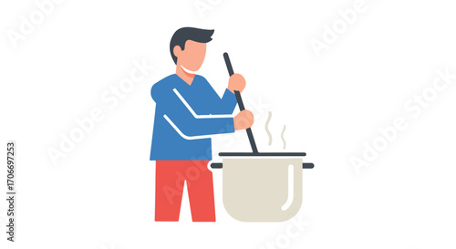 Illustration of a person stirring a pot, representing cooking, food preparation, and domestic activities, suitable for culinary content and
