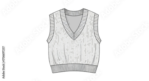 Detailed sweater vest illustration with v-neckline and ribbed texture isolated on a white backdrop showcasing fashion design
