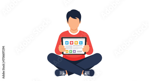 Person casually interacts with the digital world through a tablet while seated cross legged offering a blend of relaxation and engagement