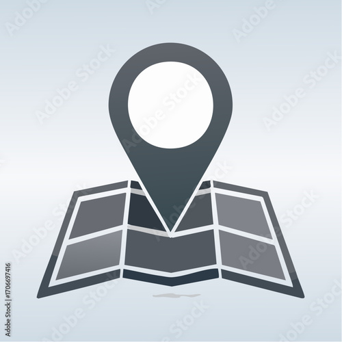 A location pin on a stylized, folded map with a light blue background