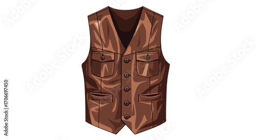Stylized illustration of a brown leather vest with pockets and buttons, designed for adventurous outings and fashion statement