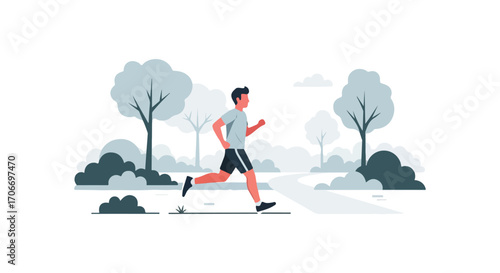 A runner in a monochromatic landscape embodies fitness and vitality, reflecting a healthy lifestyle with athletic pursuit and nature's harmony