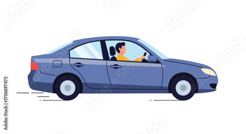Stylized depiction of an automobile in motion with a driver navigating the open road in a vector format, designed for transportation illustration