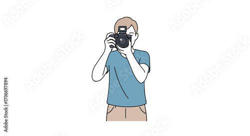 Illustration of a focused photographer taking a picture using professional dslr camera with confident pose and ready for action on an isolated white