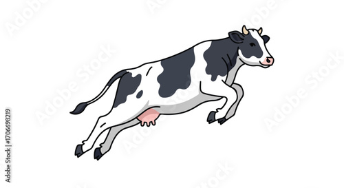 Animated dairy cow leaps playfully across a pristine white canvas creating whimsical imagery perfect for storybooks illustration or children's