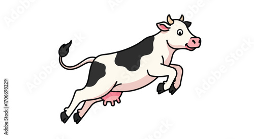 Animated Cow Character in Dynamic Leap on White Backdrop, Ideal for Children's Illustration and Design Work