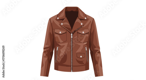 Illustration of a classic brown leather motorcycle jacket with zipper and pocket details, isolated on a white backdrop suitable for fashion design