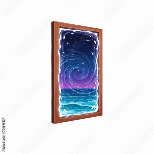 Wooden framed window showing galaxy night sky with stars and ocean waves, dreamy surreal vector art