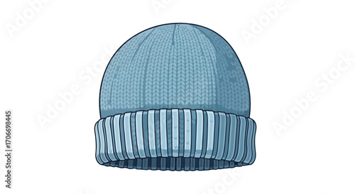 Stylized illustration of a pastel blue knitted beanie hat with a striped brim, isolated against a plain white background showcasing its casual