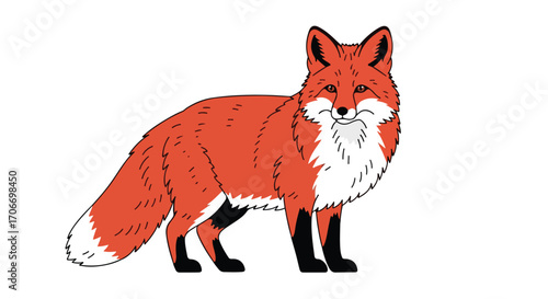 Cartoon Illustration of a Vivid Red Fox Isolated on White Background with Elegant Line Art Detailing Its Features and Furry Texture