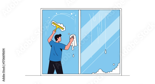 Man cleaning a window with squeegee and cloth, showcasing domestic hygiene and household maintenance, representing the concept of cleanliness and