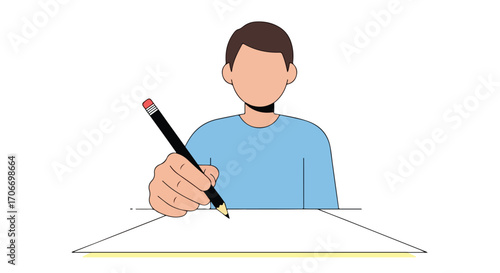 Illustrative rendering of a faceless person writing or drawing on a blank sheet with a pencil on white background
