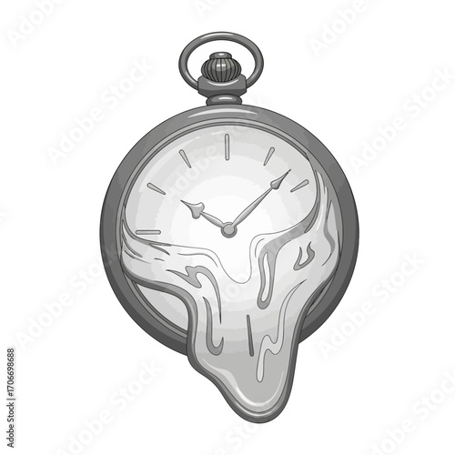 A surreal monochrome illustration of a classic pocket watch melting, symbolizing the fluid and distorted nature of time and memory