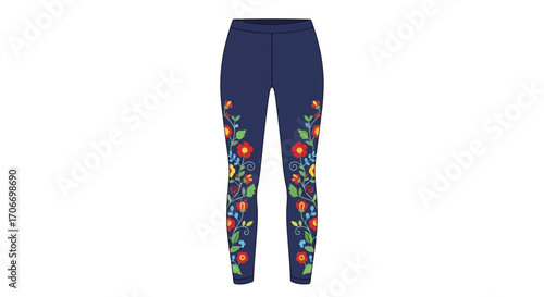 Stylish botanical bloom leggings with vibrant floral design perfect for casual wear and fashion apparel design mockups and style guides