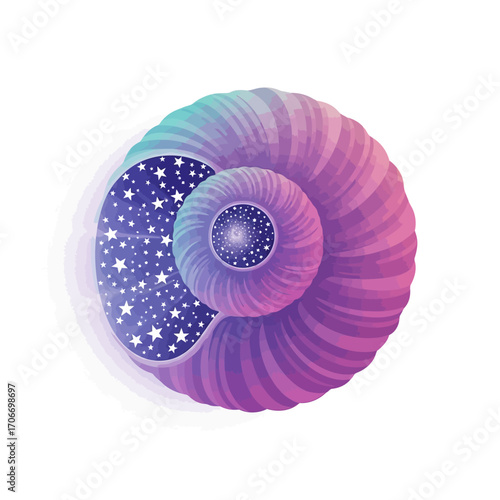 Whimsical illustration of a colorful spiral shell revealing a starry cosmos, symbolizing the infinite universe within nature's design