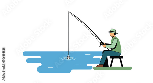 Fisherman casting rod in quiet lake illustration showcasing summer outdoor leisure activity scene with peaceful water in flat vector format