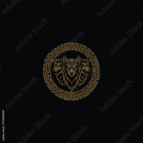 Striking and powerful vector logo illustration featuring three fierce wolf or Cerberus heads vector template