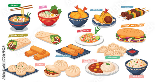 Fast food. ramen, udon, tempura, falafel, kebab, gyro, pad thai, spring rolls, dumplings, baozi, curry rice, fried rice. Flat vector illustrations isolated on a white background