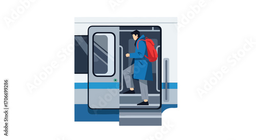 Traveler ascends the train steps carrying backpack in vibrant shades of red and blue illustrating urban mobility and journey through modern conveyance