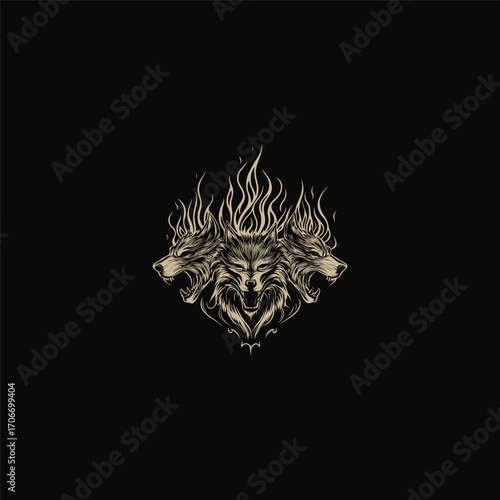 Striking and powerful vector logo illustration featuring three fierce wolf or Cerberus heads vector template