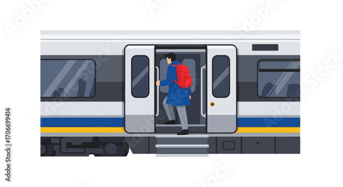 Traveler Boarding a Modern Commuter Train with Red Backpack on a White Background Isolated View