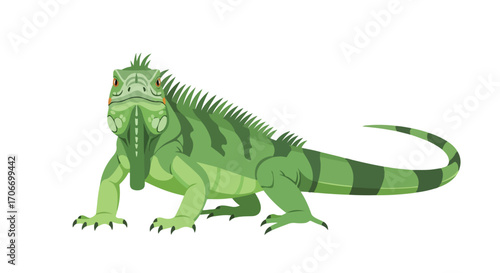 Illustrated green iguana with striped tail and formidable features, a captivating depiction of wildlife marvels in a modern style illustration