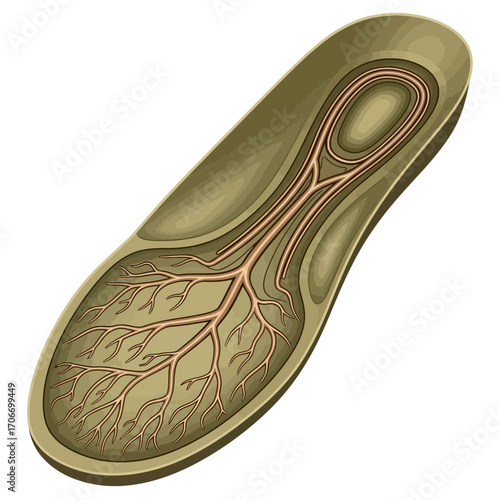 Detailed vector illustration of a comfort shoe insole with an organic, nerve-like structure representing foot anatomy and support