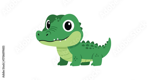 A charming depiction of an endearing cartoon alligator showcasing adorable features and vibrant green color standing alone on a plain canvas