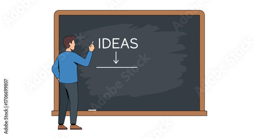 Man presenting ideas on blackboard, outlining creative problem solving and project strategies, showing brainstorming process