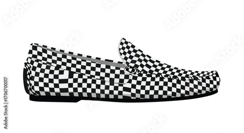 Monochrome checkerboard slip-on shoe, a bold fashion statement with its striking pattern and clean design, embodying casual sophistication and