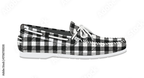 Elegant black and white gingham loafer footwear for style-conscious individuals on white backdrop