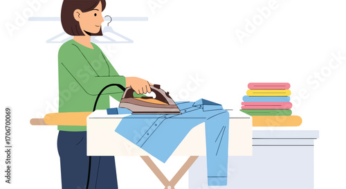 Woman expertly ironing a blue shirt on an ironing board with precision and care in a bright and clean laundry space showcasing domestic life