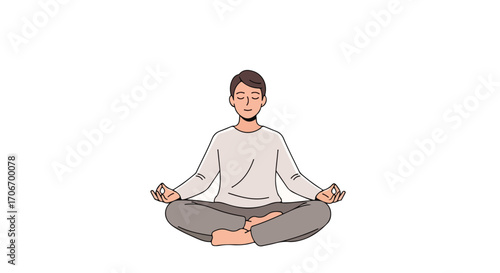 Illustration of a serene man meditating in the lotus position on white background showing mindfullnes and wellness lifestyle
