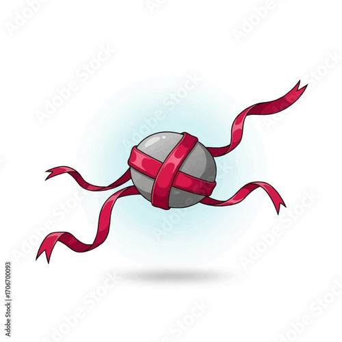 An enchanting grey sphere elegantly wrapped in a flowing red ribbon, representing a unique gift, prize, or magical object on a light background
