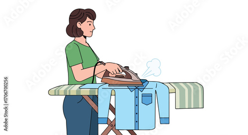 Illustration of a woman ironing a shirt on an ironing board with steam rising from the fabric representing domestic chores