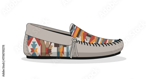 Stylized Moccasin Shoe with Tribal Pattern, Side View Isolated on White Backdrop for Fashion and Apparel Design Visuals