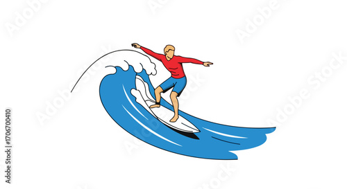 Dynamic cartoon image of a surfer riding a stylized blue wave creating motion and conveying a sense of adventure in the ocean lifestyle