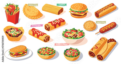 Fast food. Corn dog, empanada, tamale, enchilada, tostada, burrito bowl, taco salad, chicken sandwich. Flat vector illustrations isolated on a white background