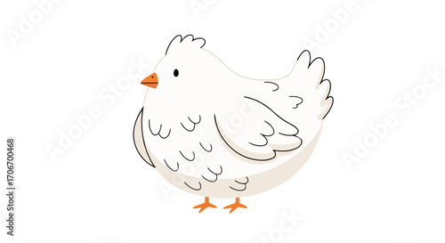 Stylized depiction of a fluffy white chicken with a simple design against a plain background displaying feathered texture and diminutive features