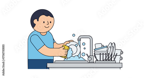Cartoon man washing dishes at the sink with sponge and soap in the kitchen illustration depiction of household chore and hygiene