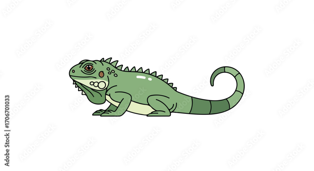 Obraz premium Cartoon Green Iguana with Curled Tail Isolated on White Background Animal Illustration Design, perfect for children's books and educational materials