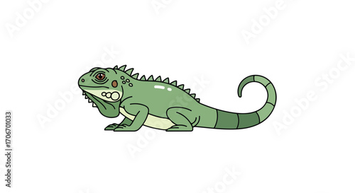 Cartoon Green Iguana with Curled Tail Isolated on White Background Animal Illustration Design, perfect for children's books and educational materials