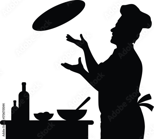 Chef expertly tosses pizza dough high in the air silhouette